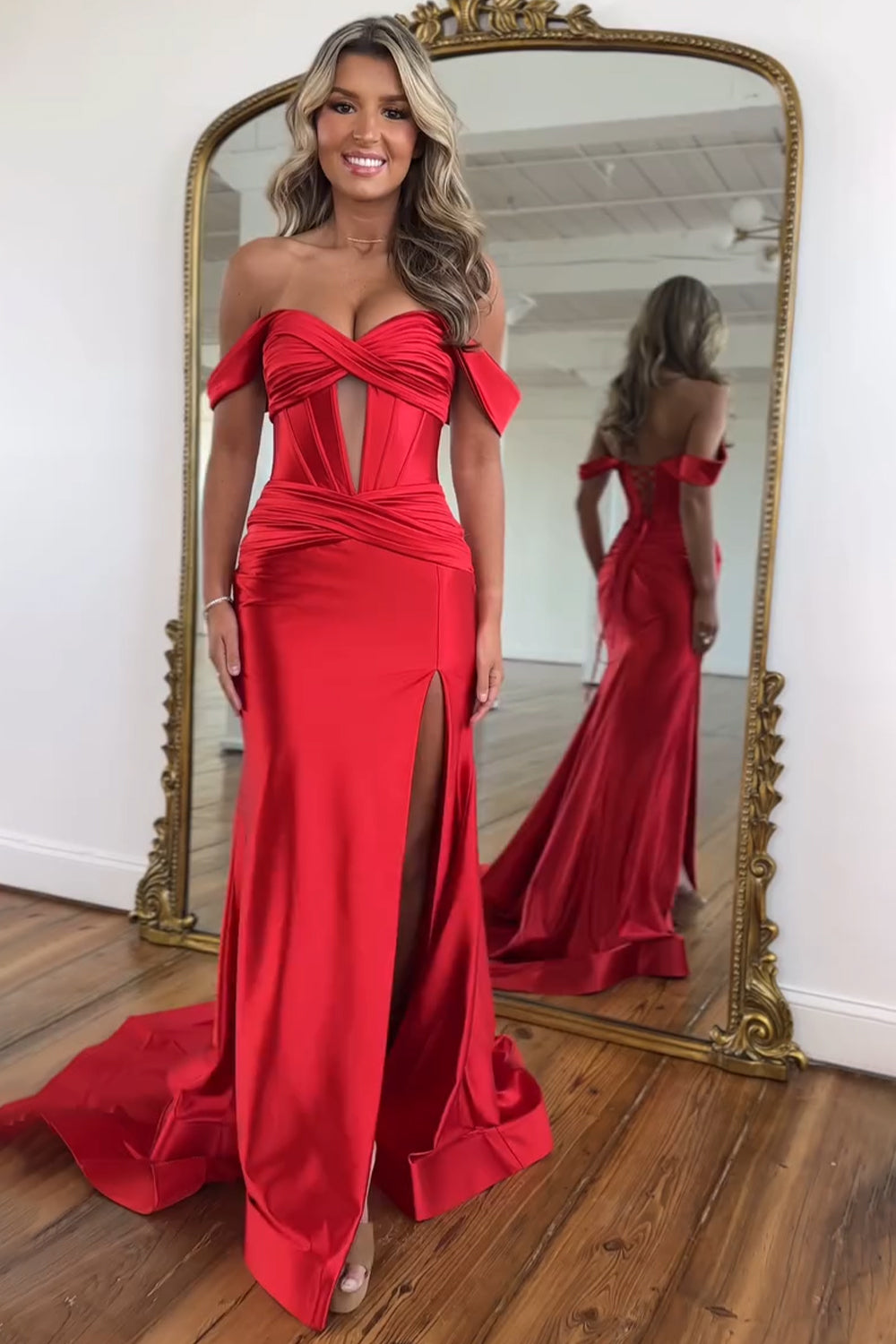 Mermaid Off the Shoulder Long Satin Gown with Slit Detail Prom Dress