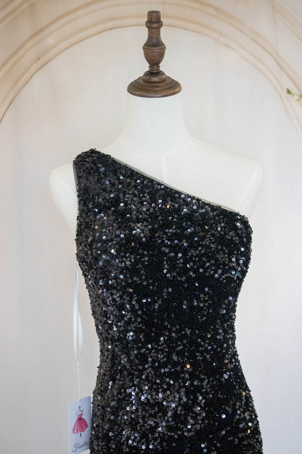 Mermaid One Shoulder Black Sequins Long Prom Dress with Open Back