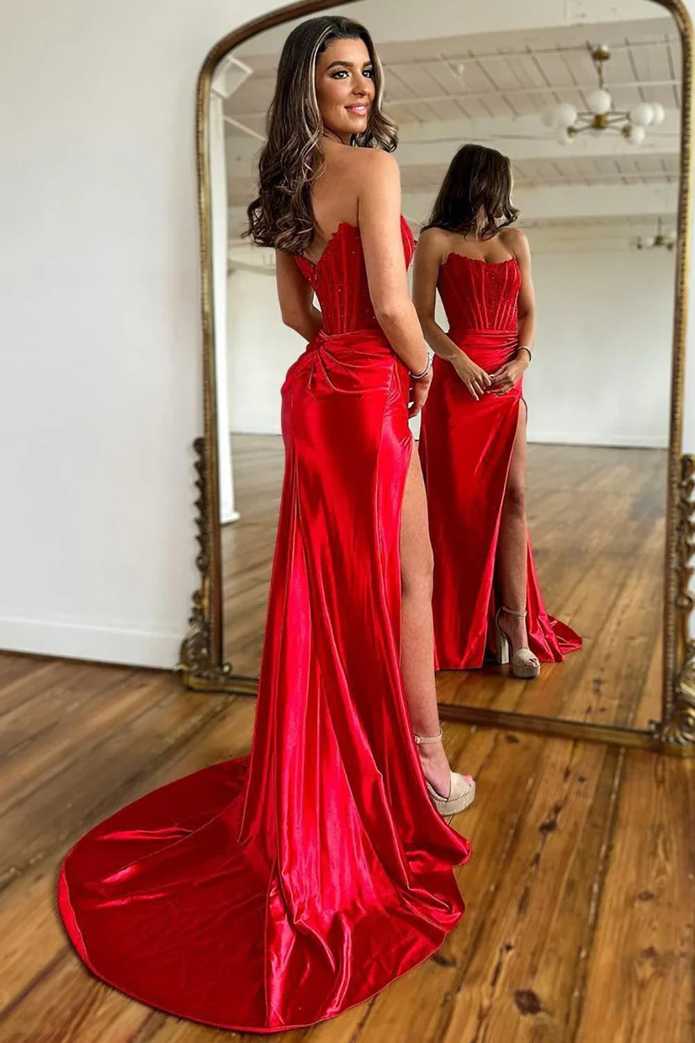 Stylish Mermaid Strapless Lace Top Red Long Satin Prom Dress with Split