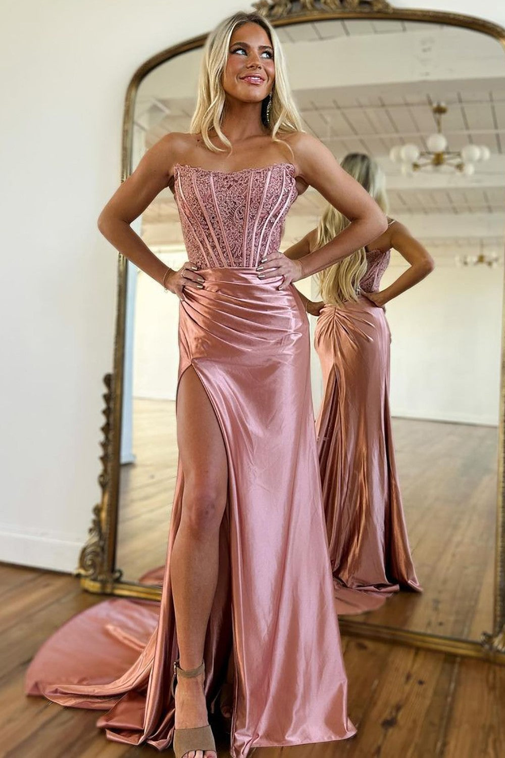 Stunning Strapless Red Satin Prom Dress with Glitter Bodice and Side Slit
