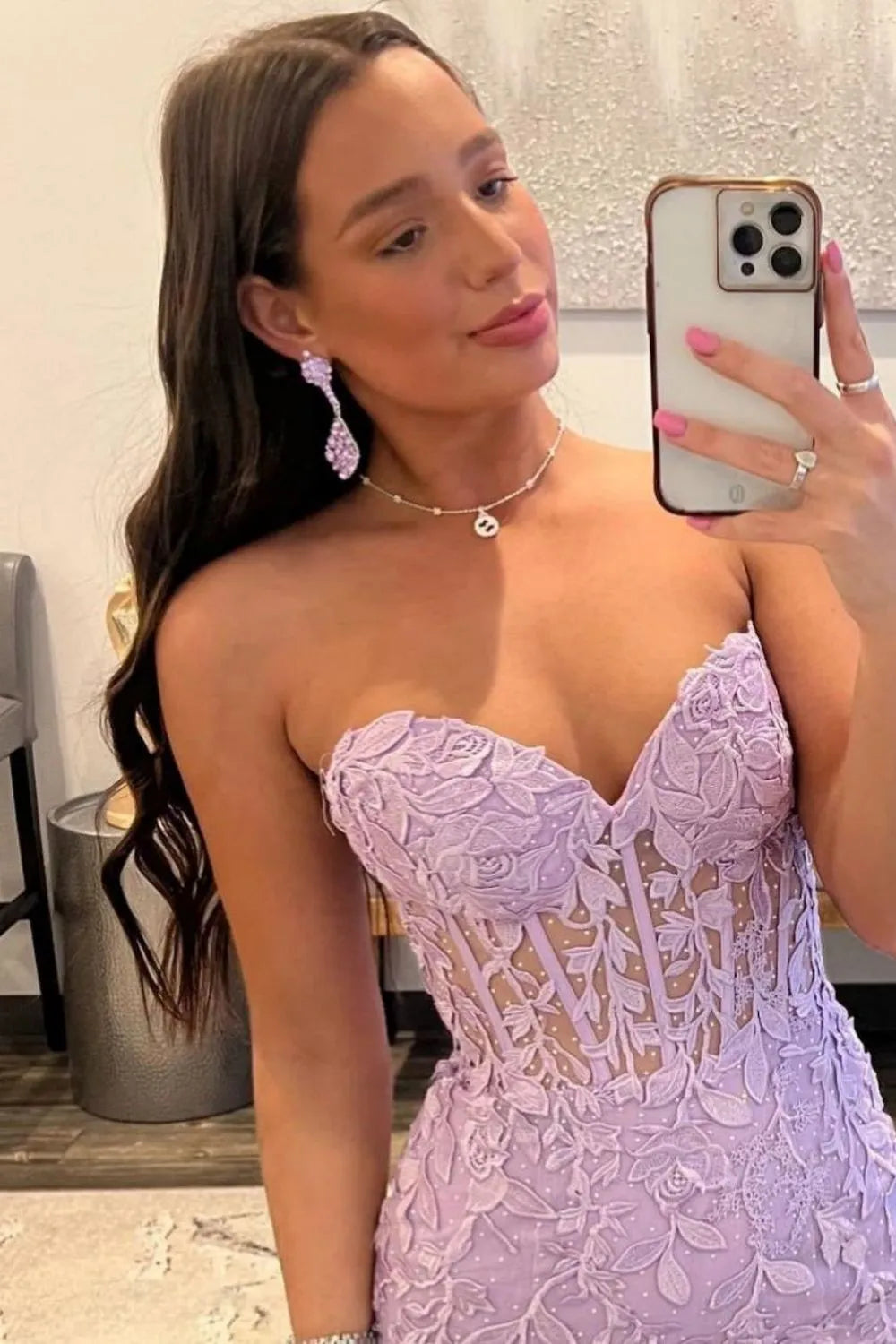 Stunning Mermaid Sweetheart Lilac Long Lace Corset Prom Dress with Appliques