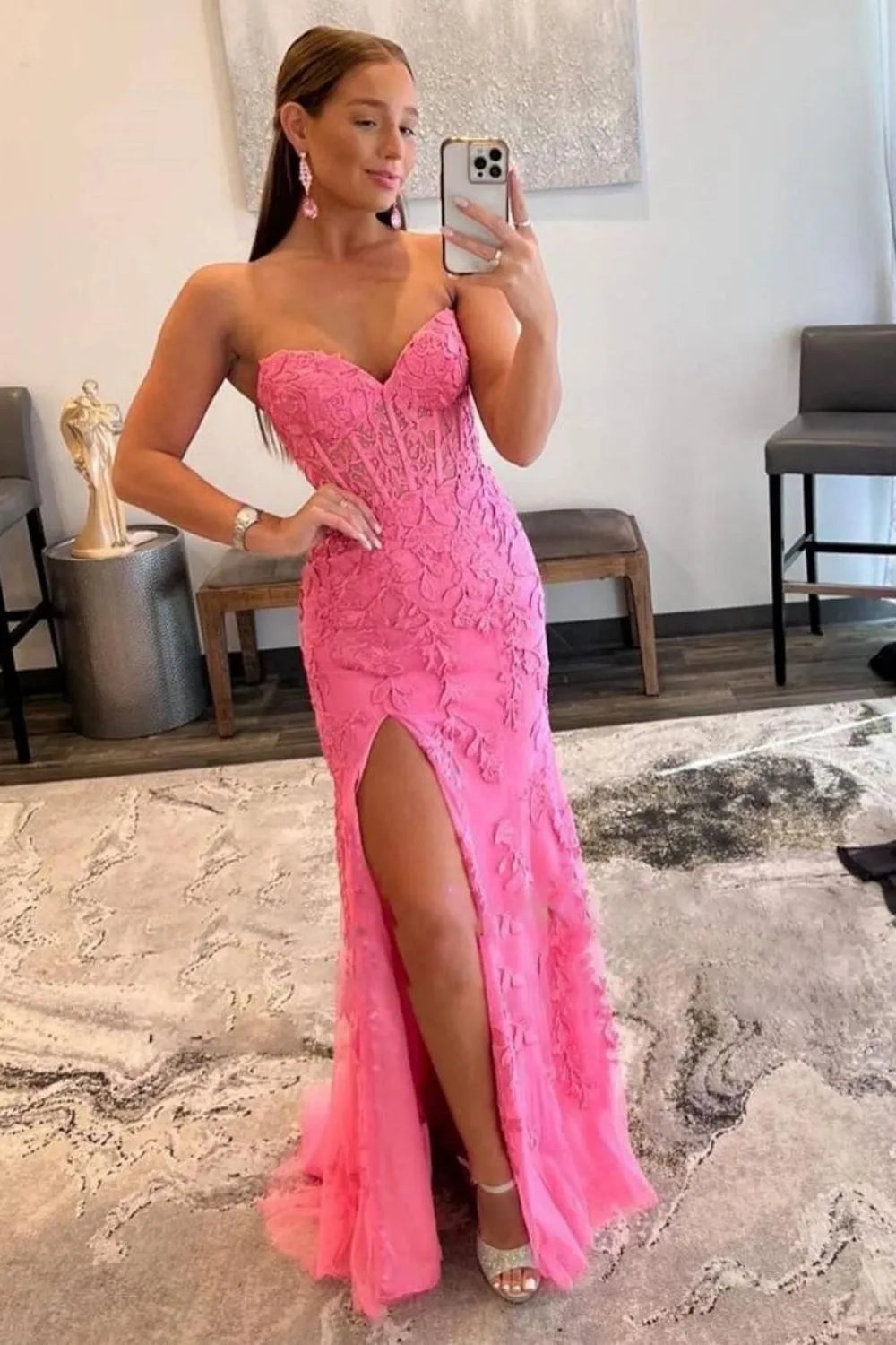 Stunning Mermaid Sweetheart Lilac Long Lace Corset Prom Dress with Appliques