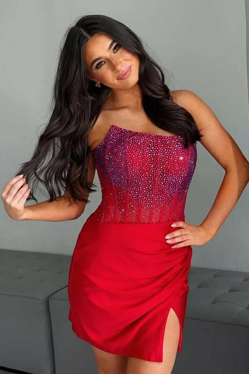 Glamorous Hot Pink Mermaid Short Homecoming Dress with Beading and Side Slit