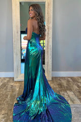 Metallic Dark Green Cut-Out Mermaid Prom Dress with High Slit and Train