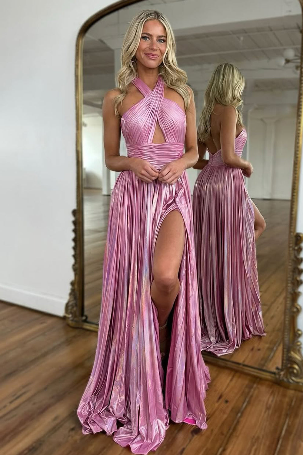 Metallic Halter Pleated A-Line Prom Dress with Keyhole Bodice and Thigh Slit