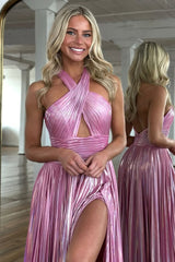Metallic Halter Pleated A-Line Prom Dress with Keyhole Bodice and Thigh Slit