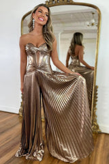 Metallic Sweetheart Neckline Pleated Jumpsuit with Zipper Back for Prom