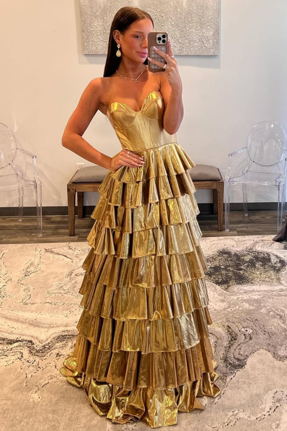 Metallic Gold A-Line Sweetheart Long Tiered Ruffle Prom Gown