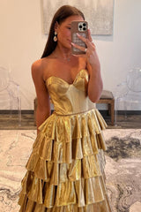 Metallic Gold A-Line Sweetheart Long Tiered Ruffle Prom Gown