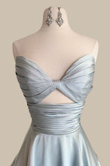 Minimalist Silver Blue A-Line Prom Dress with Structured Waist and Tiered Design