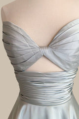 Minimalist Silver Blue A-Line Prom Dress with Structured Waist and Tiered Design