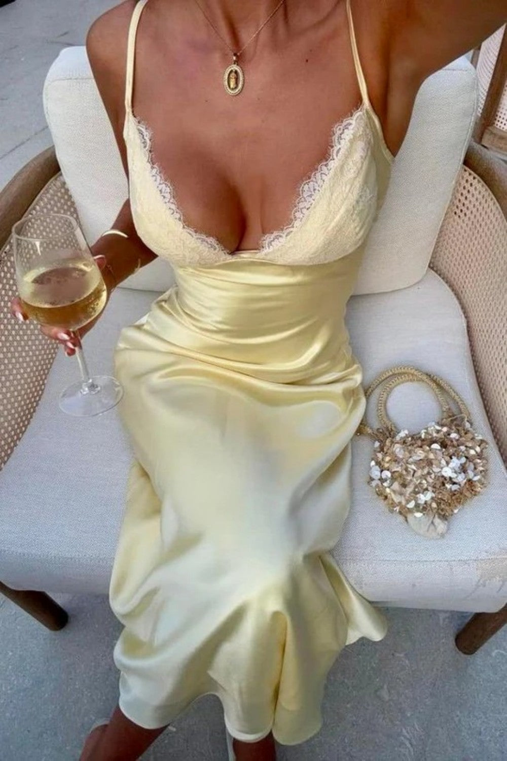 Furlla Women Minimalist Yellow Spaghetti Straps Satin Prom Dress with Lace  Bust Detail – Furlla Official