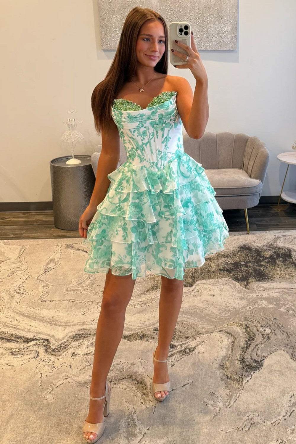 Mint Green Floral Tiered Ruffle Homecoming Dress with Sequin Sweetheart Bodice