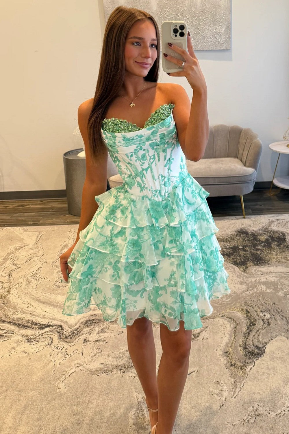 Mint Green Floral Tiered Ruffle Homecoming Dress with Sequin Sweetheart Bodice