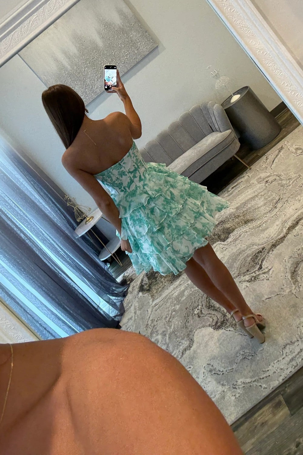 Mint Green Floral Tiered Ruffle Homecoming Dress with Sequin Sweetheart Bodice