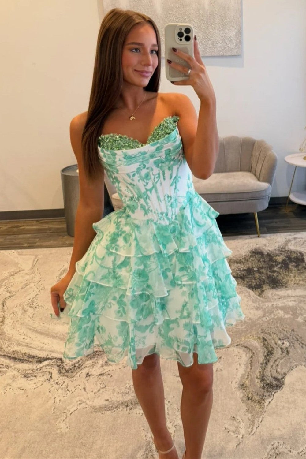 Mint Green Floral Tiered Ruffle Homecoming Dress with Sequin Sweetheart Bodice