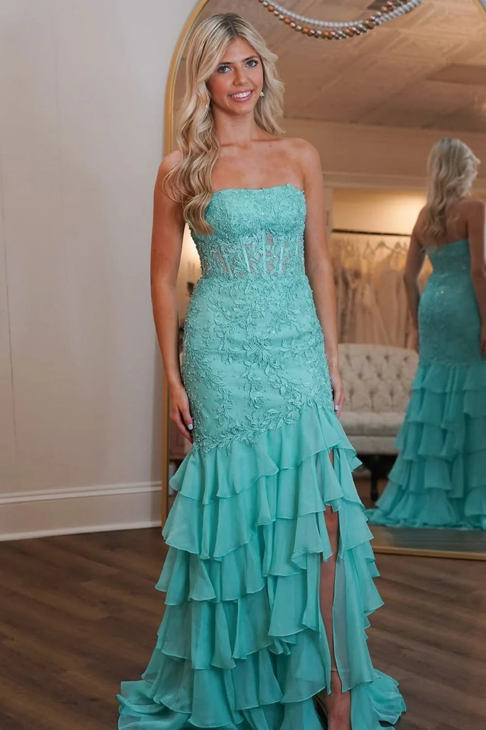 Stunning Mermaid Strapless Zipper Back Lace Corset Prom Dress with Ruffle Skirt