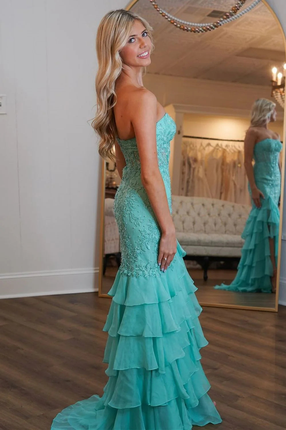 Stunning Mermaid Strapless Zipper Back Lace Corset Prom Dress with Ruffle Skirt