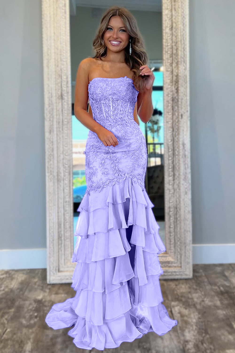 Stunning Mermaid Strapless Zipper Back Lace Corset Prom Dress with Ruffle Skirt