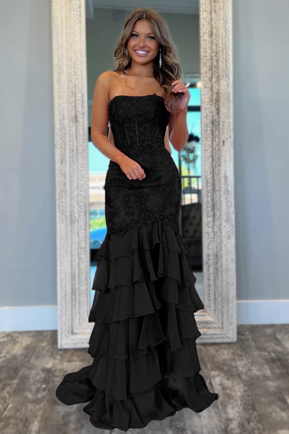 Stunning Mermaid Strapless Zipper Back Lace Corset Prom Dress with Ruffle Skirt