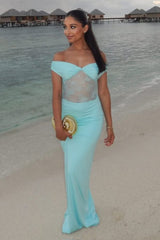 Mint Green Off The Shoulder Sheer Lace Waist Formal Evening Gown