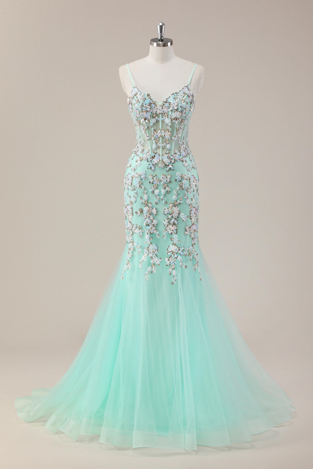Sequin Corset Mint Green Mermaid Prom Gown with Delicate Spaghetti Straps and Soft Tulle Skirt