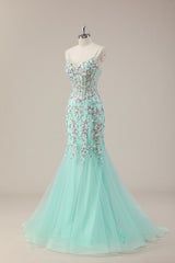 Sequin Corset Mint Green Mermaid Prom Gown with Delicate Spaghetti Straps and Soft Tulle Skirt