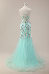 Sequin Corset Mint Green Mermaid Prom Gown with Delicate Spaghetti Straps and Soft Tulle Skirt