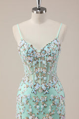 Sequin Corset Mint Green Mermaid Prom Gown with Delicate Spaghetti Straps and Soft Tulle Skirt