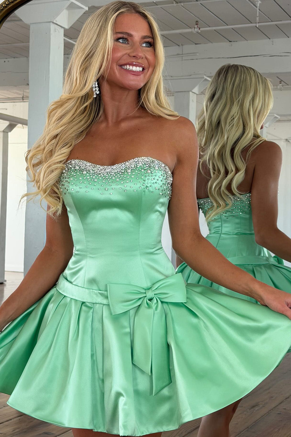 Mint Green Strapless Homecoming Dress with Beaded Neckline and Bow Skirt