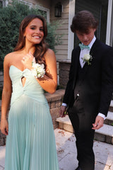 Mint Green Strapless Pleated Prom Dress with Front Twist & Slit