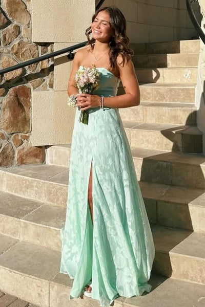 mint green strapless prom dress Mint Green Color Prom Dress Strapless Sheath/Column Pleats Stretch Satin Prom Dress With Slit