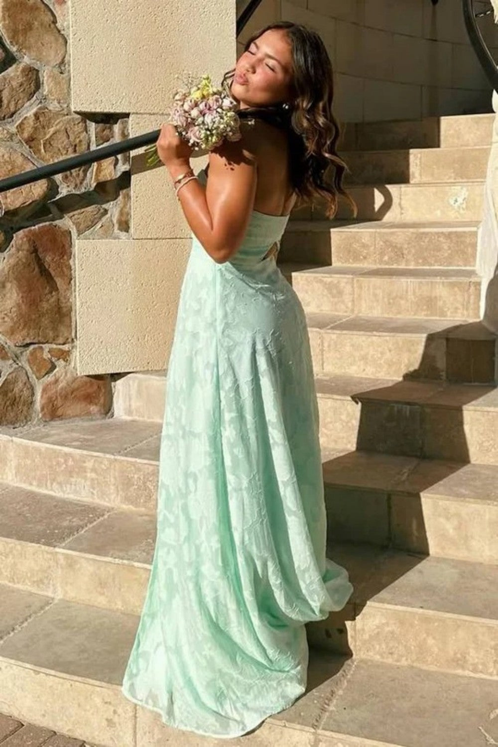Furlla Women Mint Green Strapless Prom Dress with Front Slit and Textured Fabric, Mint Green / US14