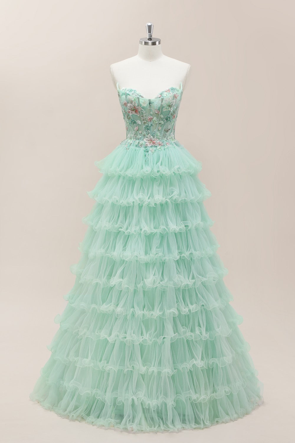 Mint Green Floral Corset Bodice Ball Gown with Tiered Tulle Skirt and Lace-Up Closure