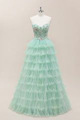 Mint Green Floral Corset Bodice Ball Gown with Tiered Tulle Skirt and Lace-Up Closure