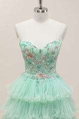 Mint Green Floral Corset Bodice Ball Gown with Tiered Tulle Skirt and Lace-Up Closure