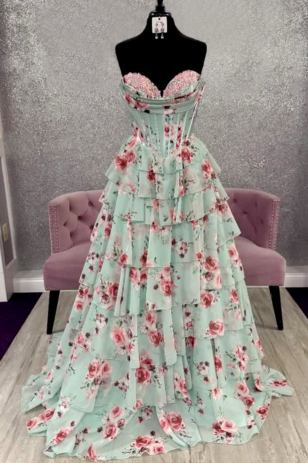 Furlla Women Mint Green Watercolor Floral Strapless Prom Dress with Sweetheart Tiered Chiffon Train Furlla Official Furlla Women Mint Green Watercolor Floral Strapless Prom Dress with Sweetheart Tiered Chiffon Train Furlla Official
