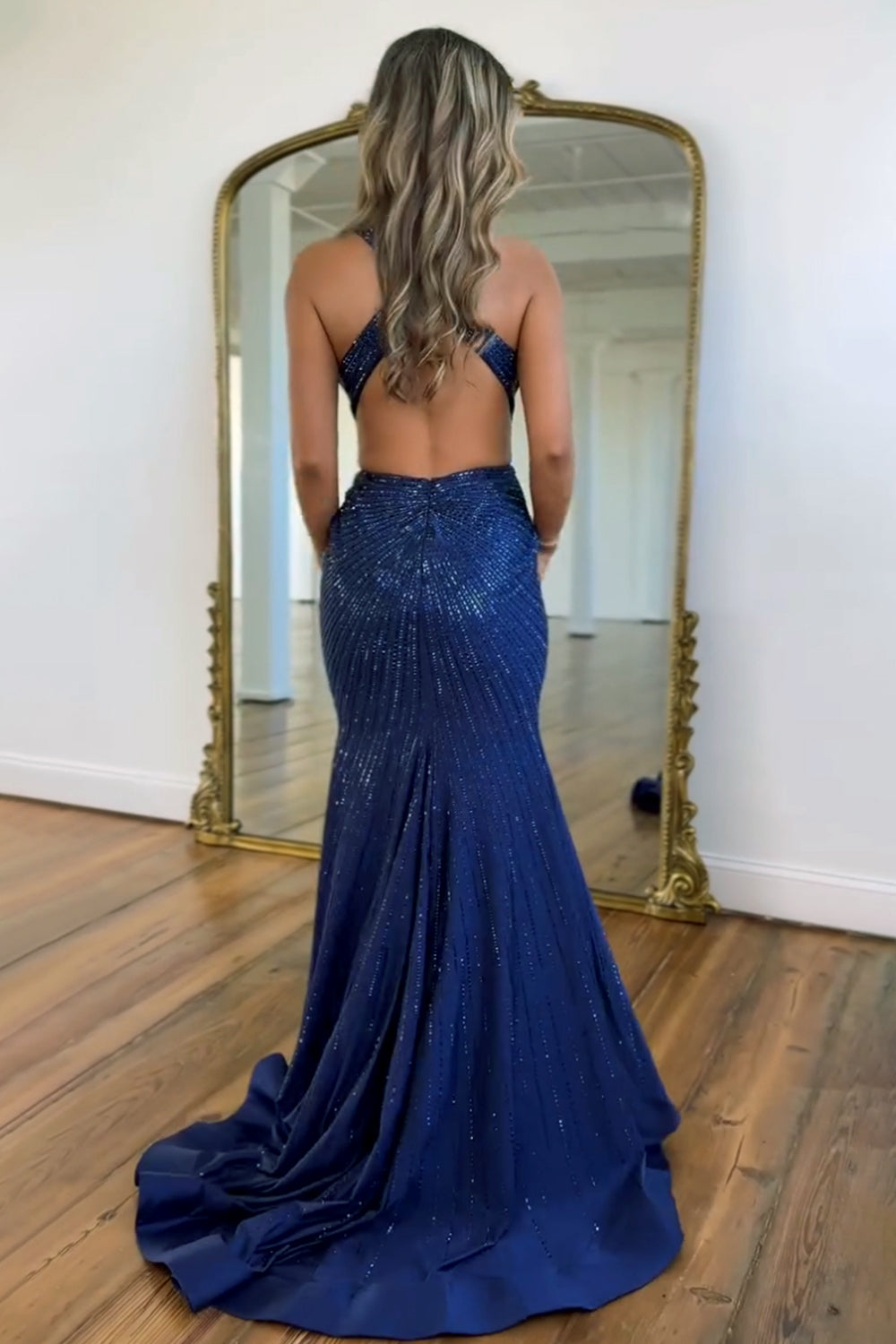 Furlla Women Navy Blue Mermaid Deep V Cross Back Gown with Beading and