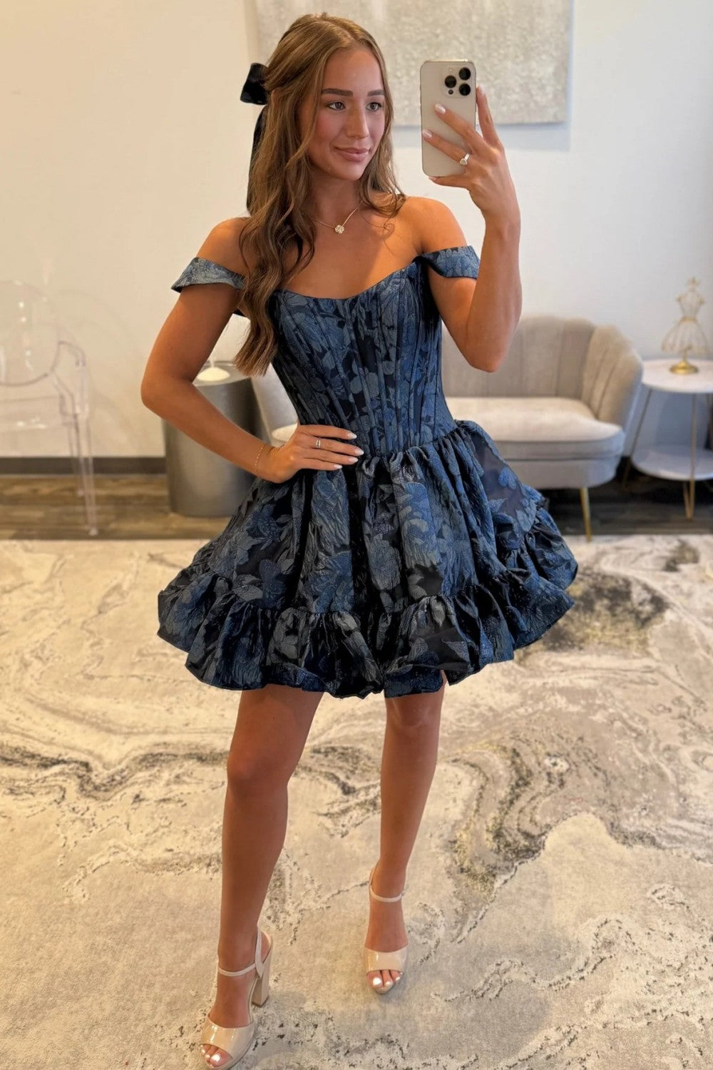 Navy Blue Off-the-Shoulder Floral Jacquard Homecoming Dress with Ruffle Hem
