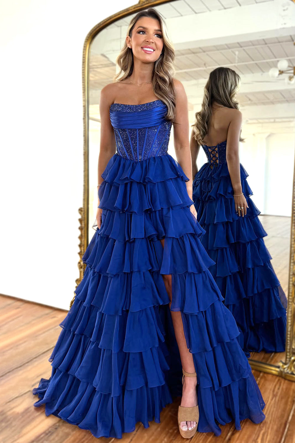 Furlla Women Dark Blue Strapless A Line Prom Dress with Sparkly Layered Chiffon and Side Slit Furlla Official Furlla Women Dark Blue Strapless A Line Prom Dress with Sparkly Layered Chiffon and Side Slit Furlla Official