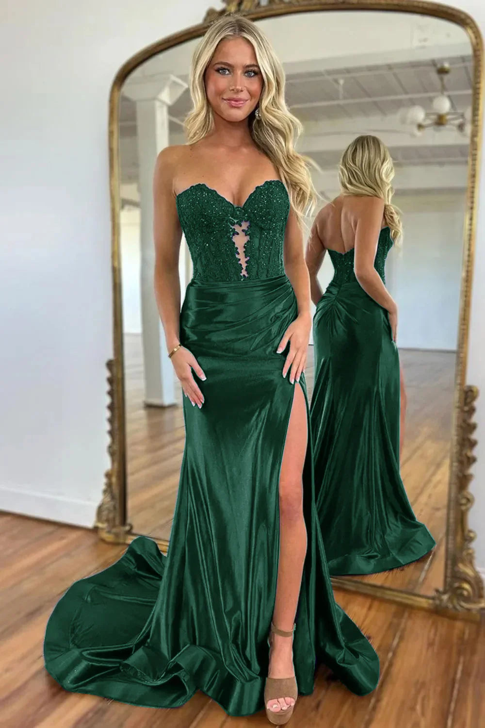 Gorgeous Mermaid Sweetheart Navy Blue Satin Prom Dress with Appliques Split