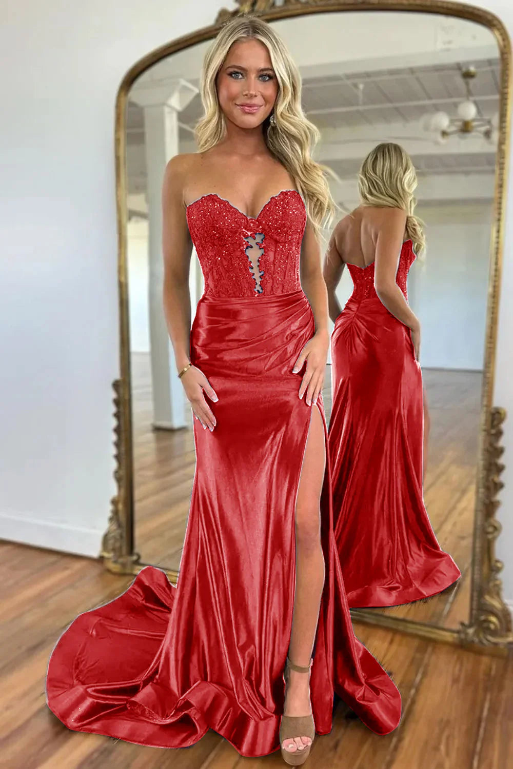 Gorgeous Mermaid Sweetheart Navy Blue Satin Prom Dress with Appliques Split