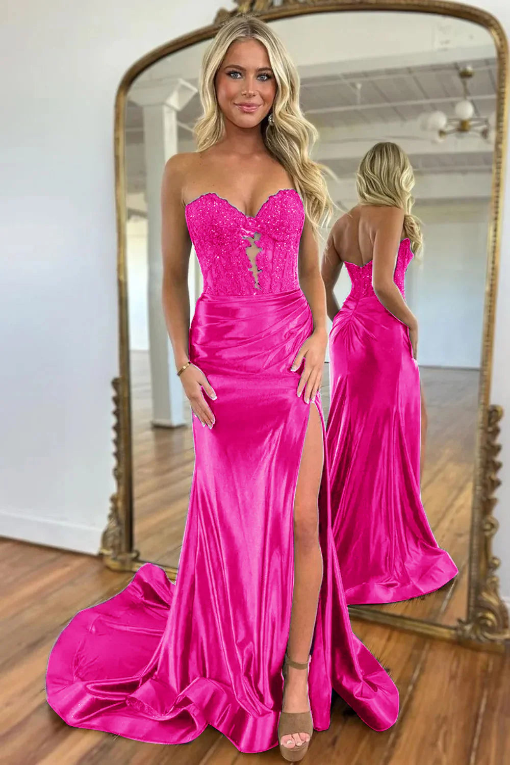 Gorgeous Mermaid Sweetheart Navy Blue Satin Prom Dress with Appliques Split