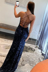 Navy Fitted Sequin Long Prom Dress with Spaghetti Straps and Side Slit