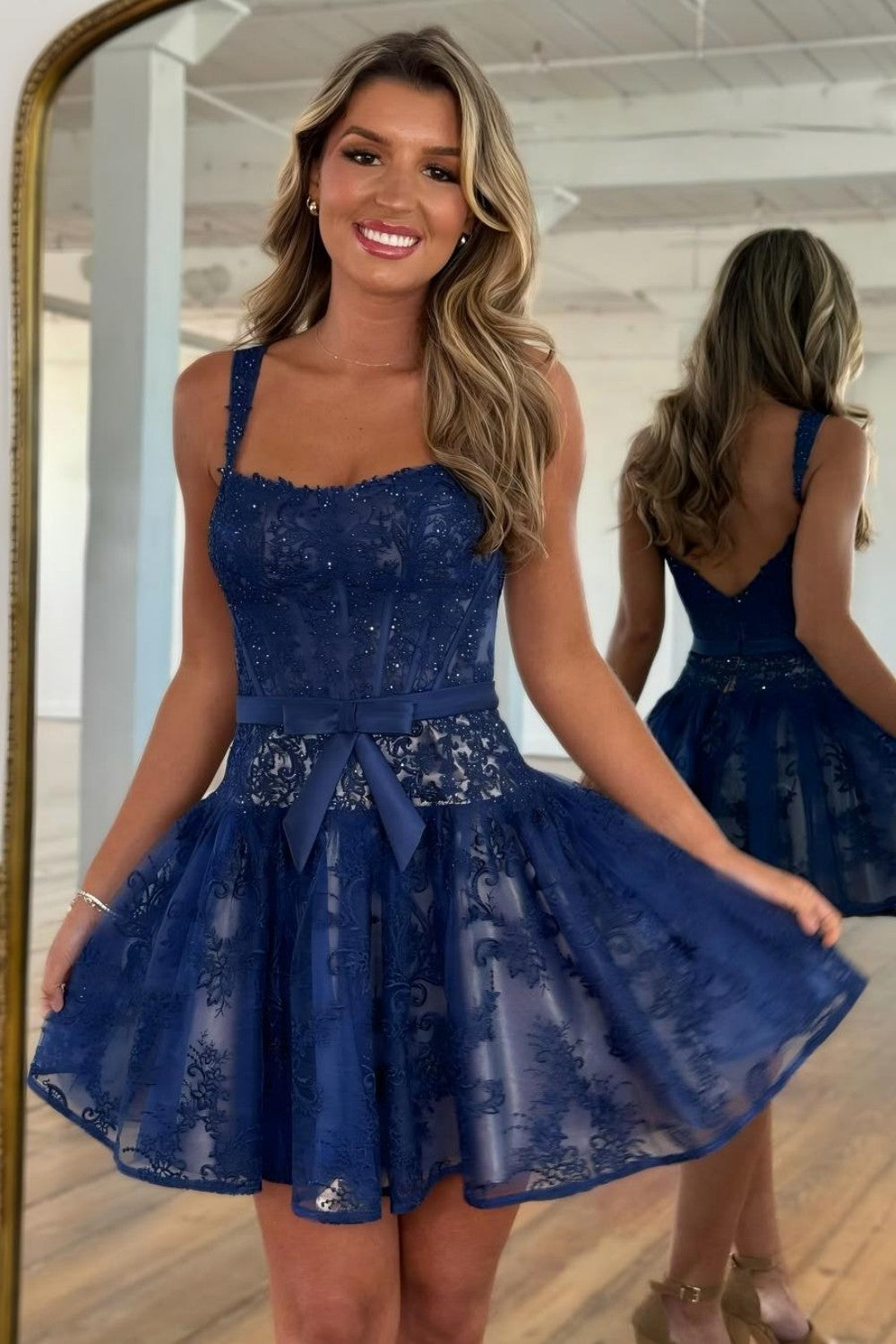 Navy Lace Corset Short Fit-and-Flare Homecoming Dress with Beaded Details
