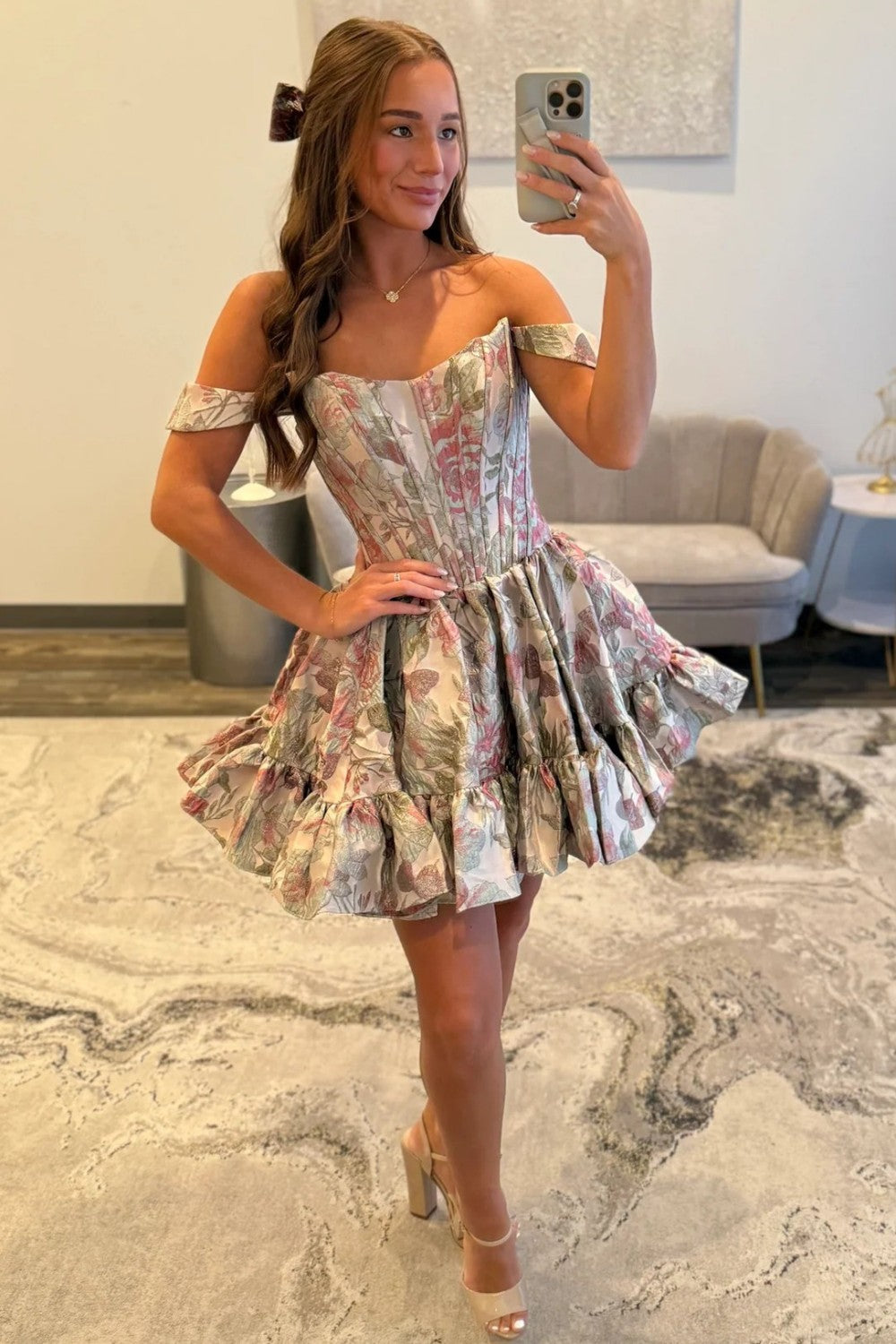 Elegant Off-Shoulder Pink Floral Brocade Homecoming Dress with Ruffled Skirt