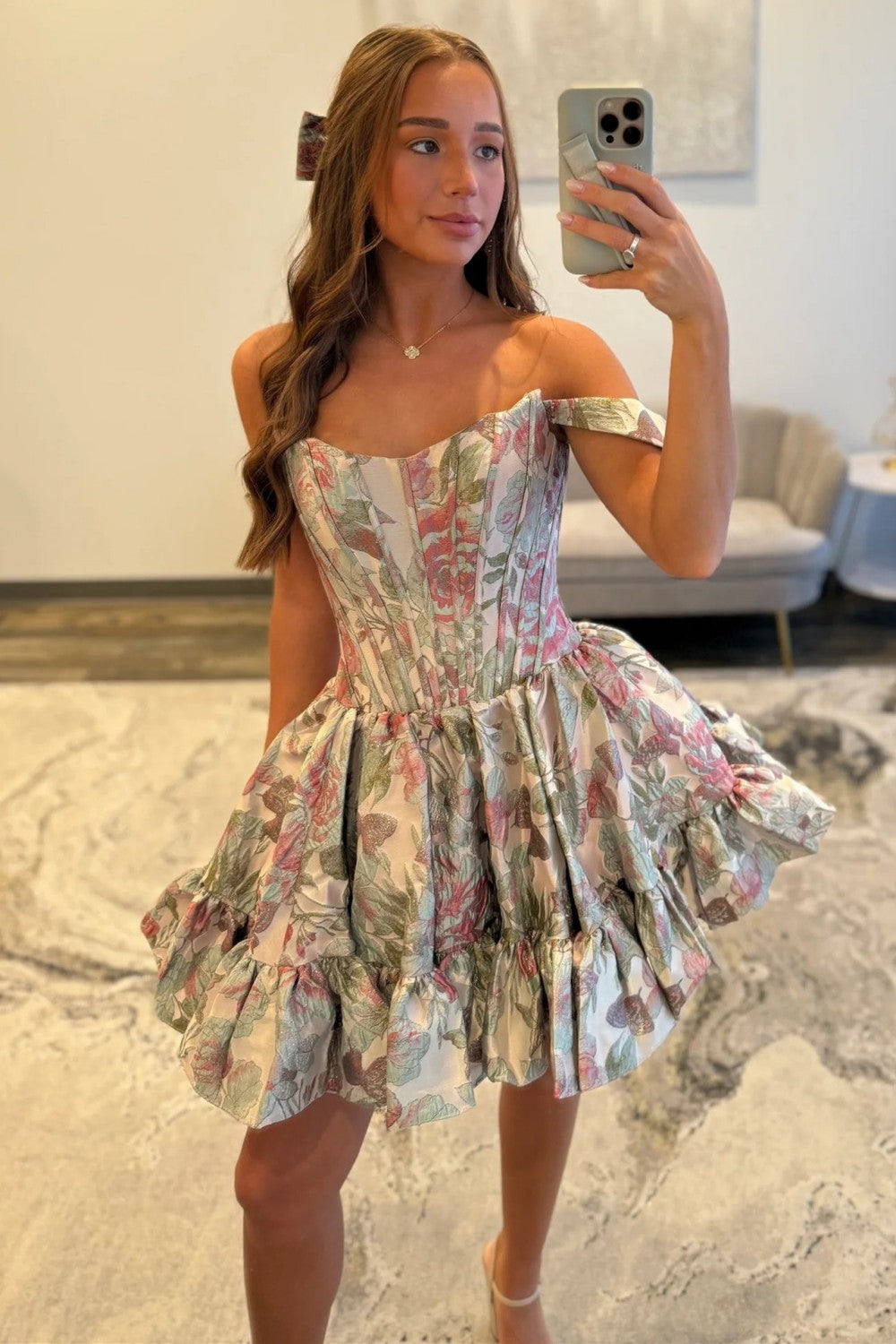 Elegant Off-Shoulder Pink Floral Brocade Homecoming Dress with Ruffled Skirt