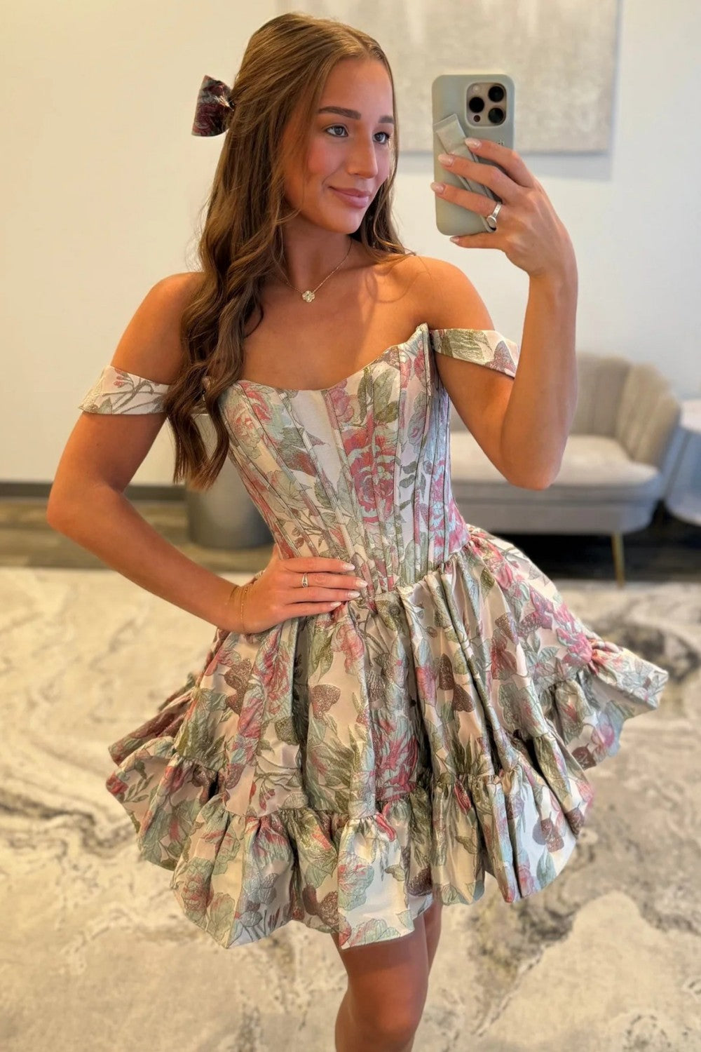 Elegant Off-Shoulder Pink Floral Brocade Homecoming Dress with Ruffled Skirt