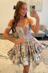 Navy Blue Off-the-Shoulder Floral Jacquard Homecoming Dress with Ruffle Hem
