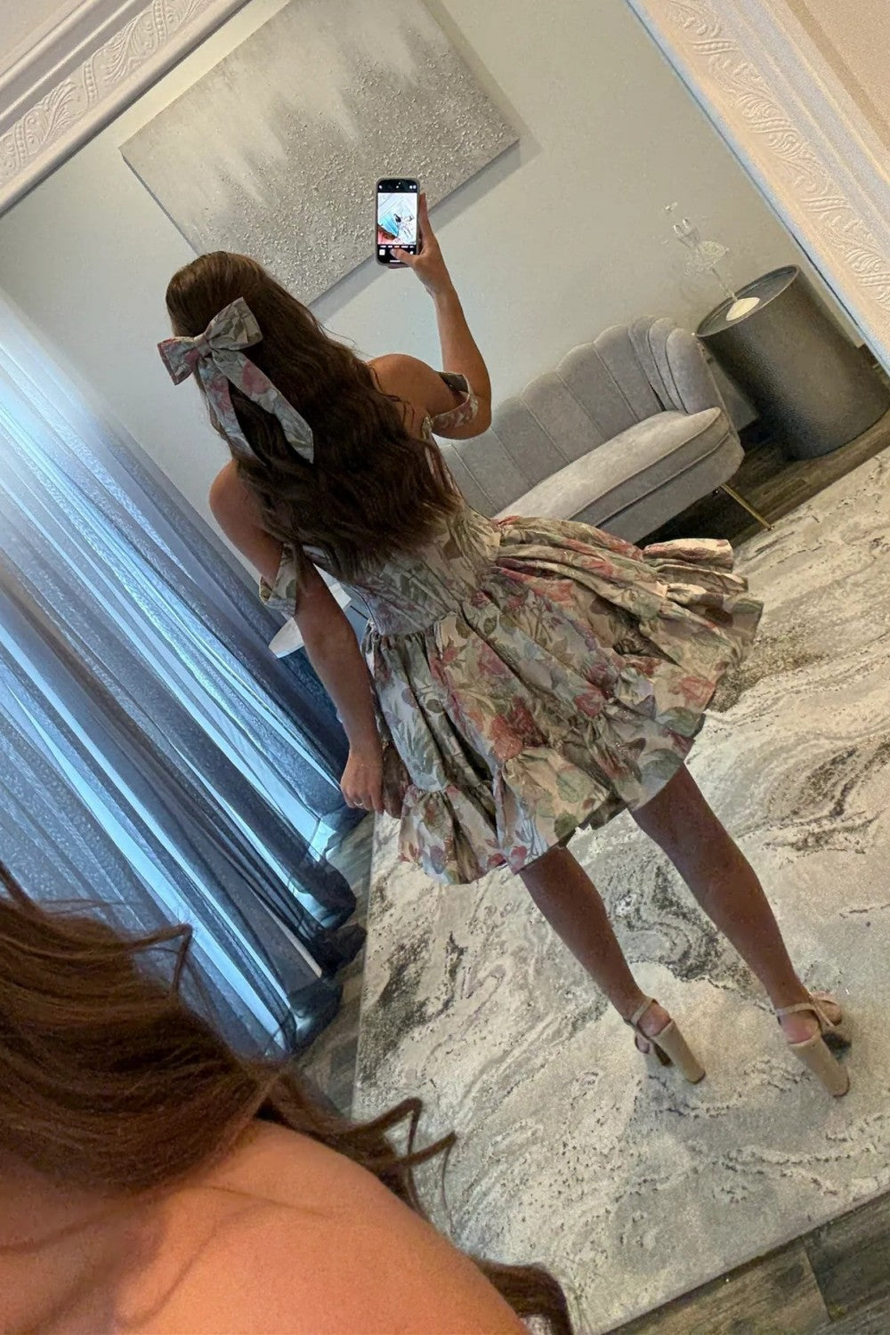 Elegant Off-Shoulder Pink Floral Brocade Homecoming Dress with Ruffled Skirt